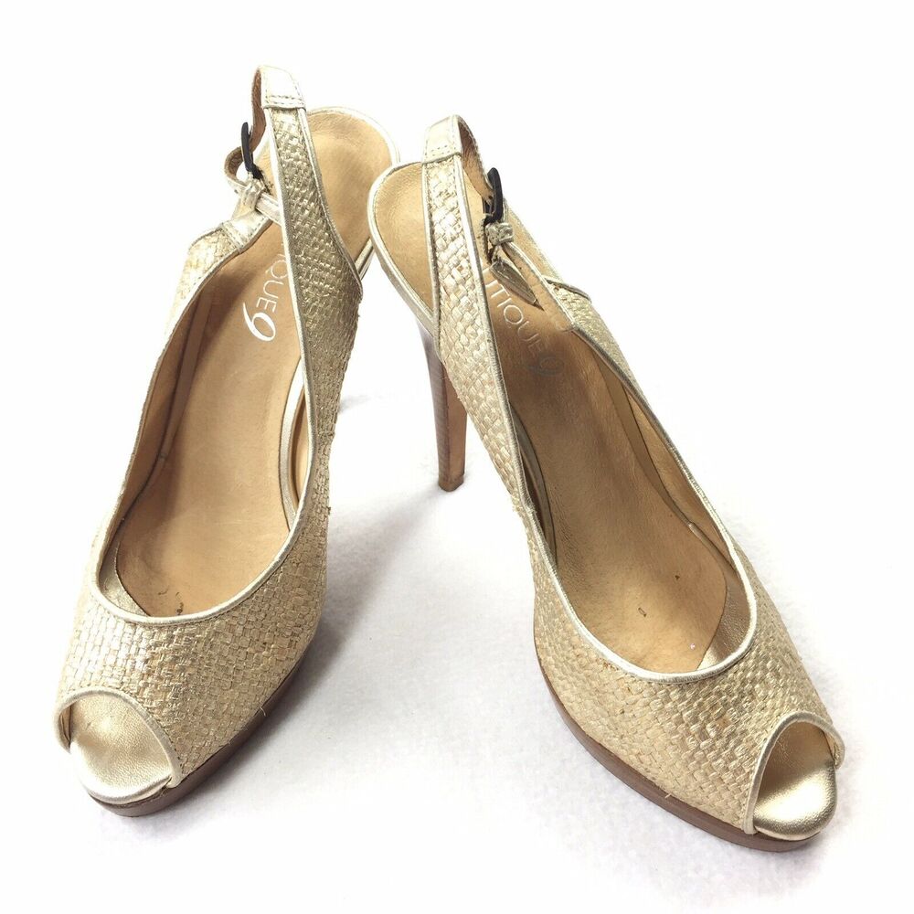 Boutique 9 Lowan Woven High Heels 9 Metallic Light Gold Peep Toe Wooden Pumps